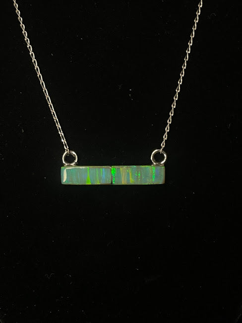 Lab Opal Bar Shaped Sterling Silver Pendant Necklace - Regul Silver