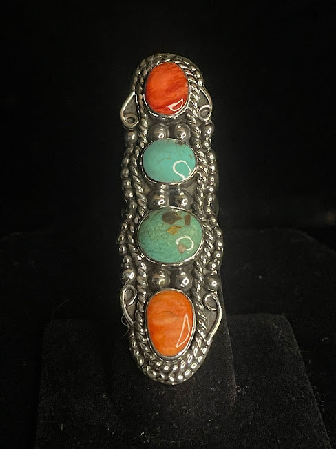 Four Stone Turquoise And Spiny Oyster Ring | Real Stones Jewelry - Regul Silver