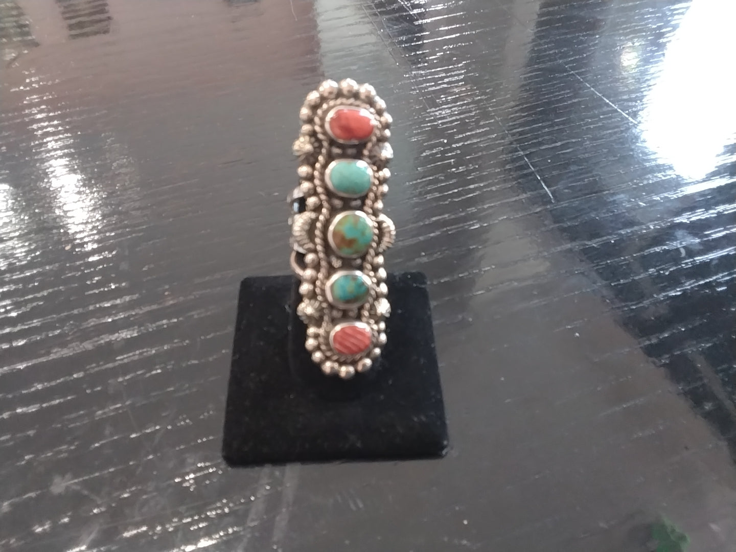 Turquoise And Spiney Oyster Beaded Ring
