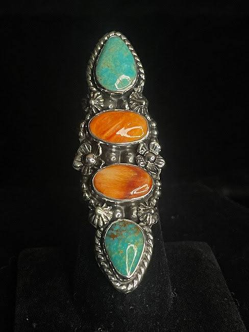 Four Stone Turquoise And Spiny Oyster Ring | Real Stones Jewelry - Regul Silver