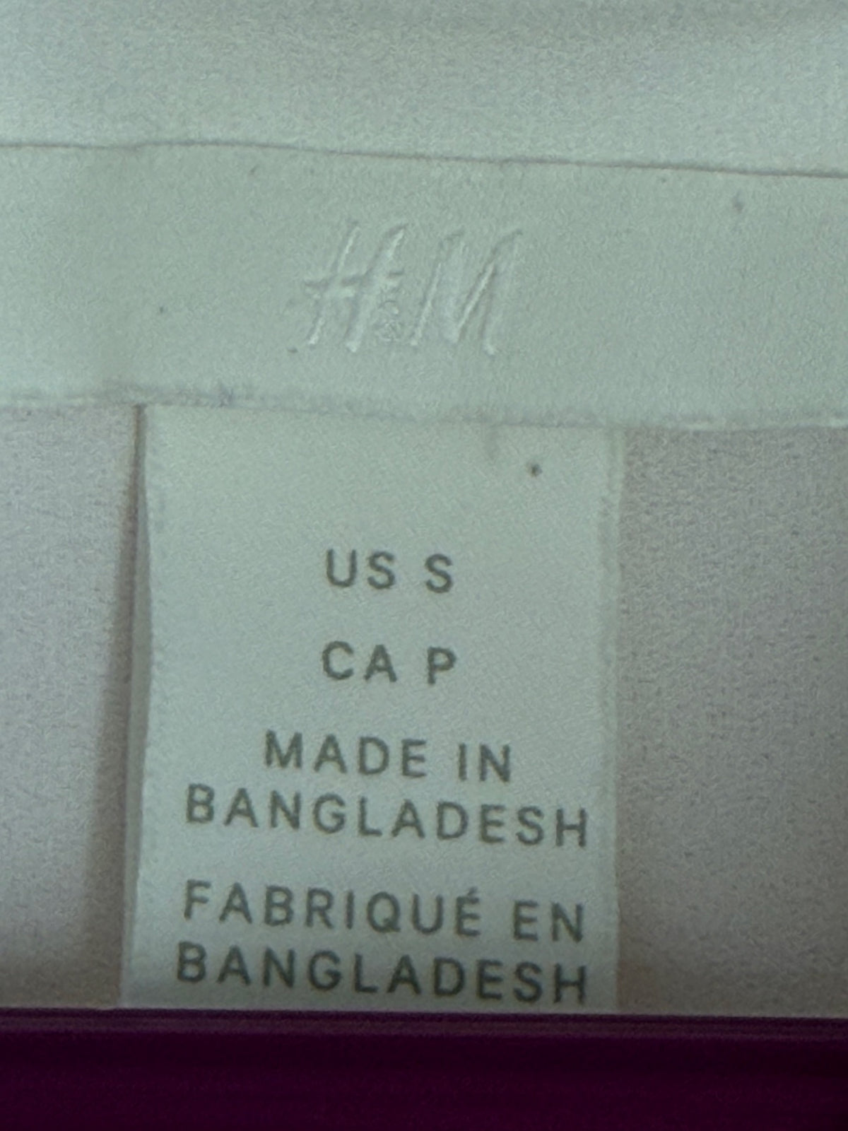 H&M size S label, made in Bangladesh