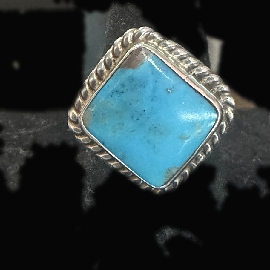 Genuine Turquoise Square Ring — square sky-blue stone with fine dark speckling and a single warm tan patch