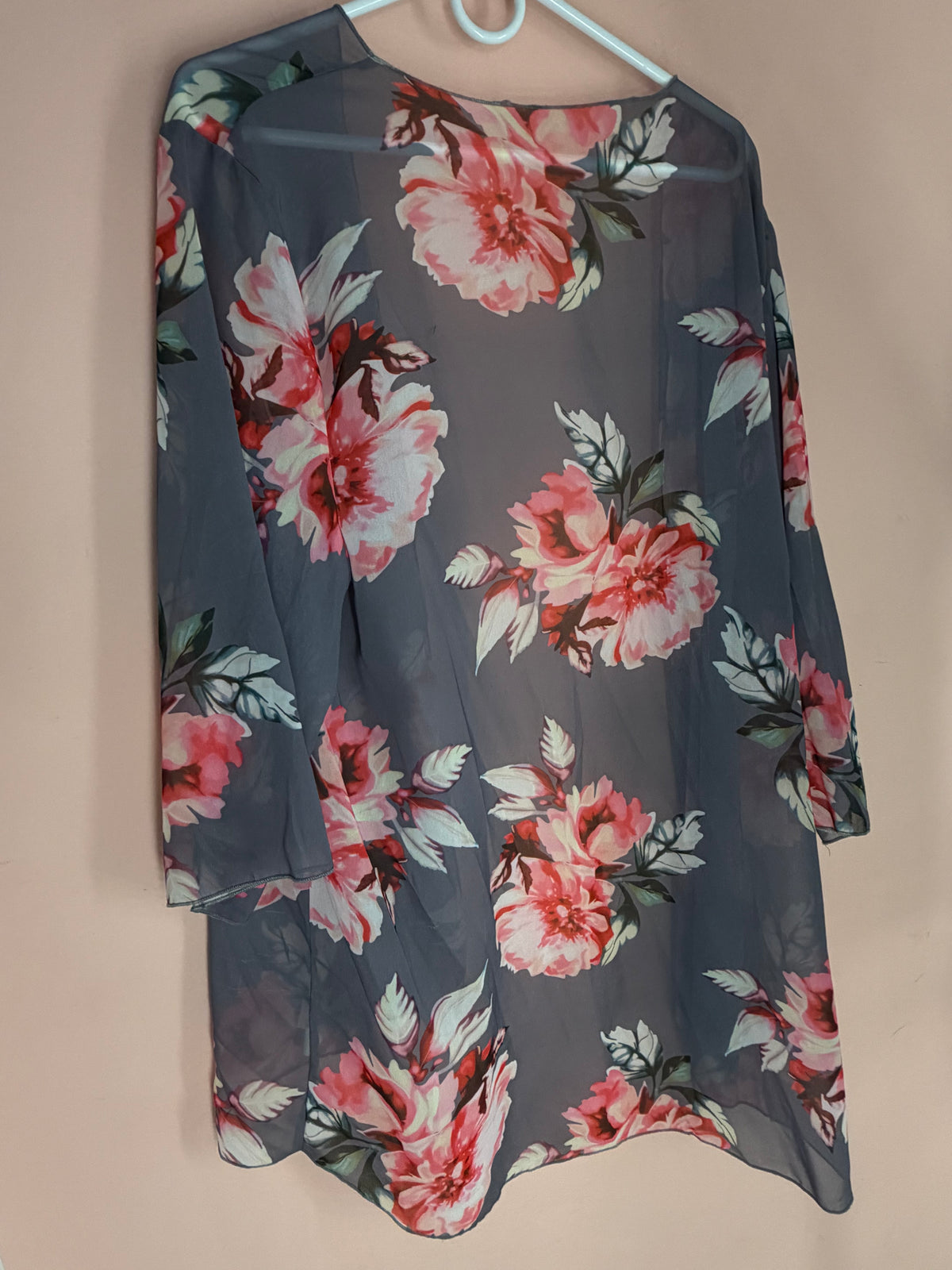 Charcoal grey floral sheer kimono cardigan, back view