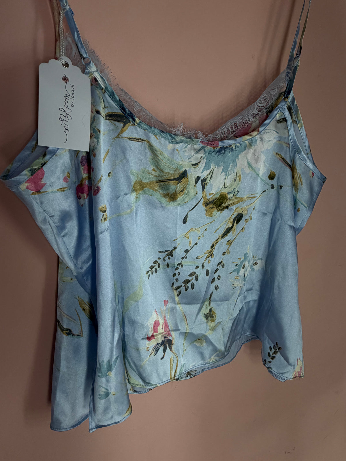 In Bloom by Jonquil blue floral satin camisole with hang tag, side view