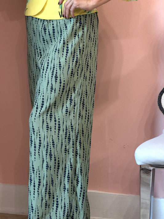Sage green dash print wide-leg pants worn with the yellow wrap blouse