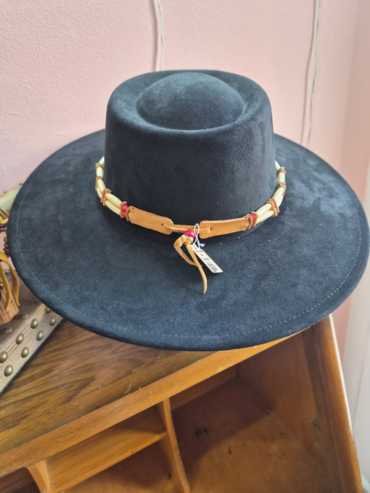 Back view of bone hairpipe hat band with leather ties by Southwest by Design