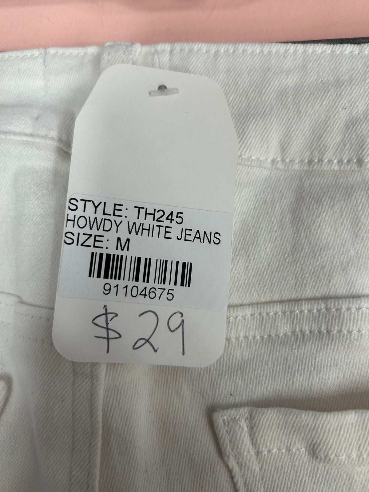 Label view of embroidered Jeans for Women, White 'Howdy' Cowboy, Turquoise