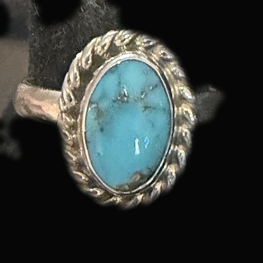 Classic Nacozari turquoise ring with a rope bezel and plain sterling band — the style packed in the Classic Turquoise Ring Tray