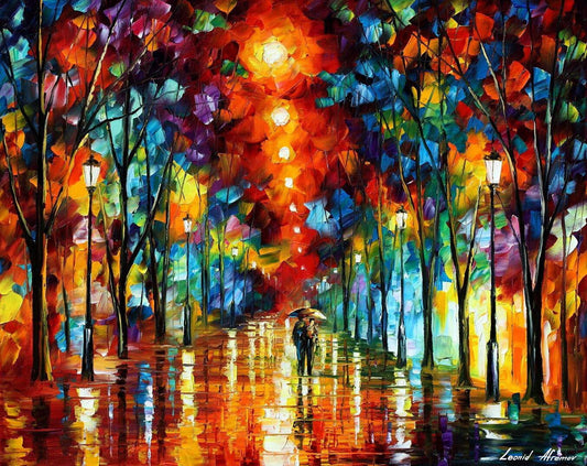 The inspiration: the rainy, lamp-lit park paintings of Leonid Afremov