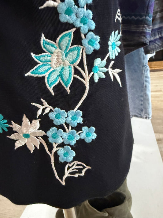 Close-up of turquoise and white floral embroidery on black fabric.
