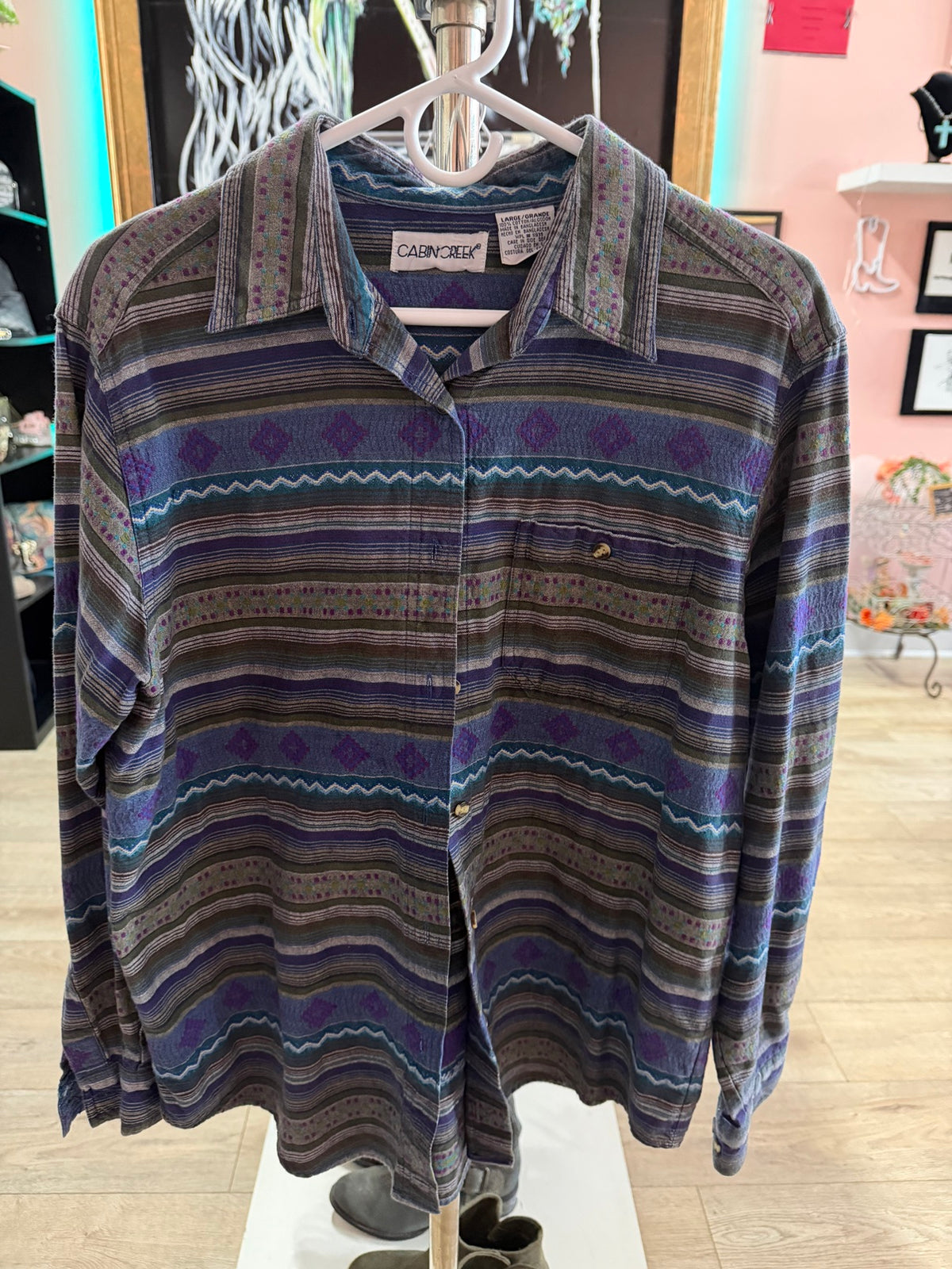 Vintage 90s Cabin Creek southwestern geometric stripe button-down shirt, size L