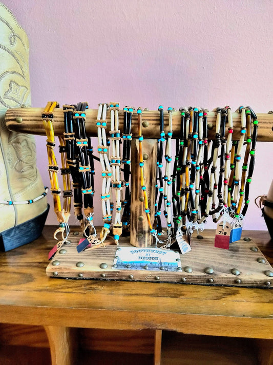 Display of assorted bone hairpipe boot bracelets by Southwest by Design