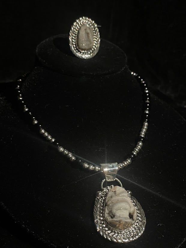 Desert Drusi pendant necklace - worn on its bust beside the matching Desert Drusi ring it pairs with