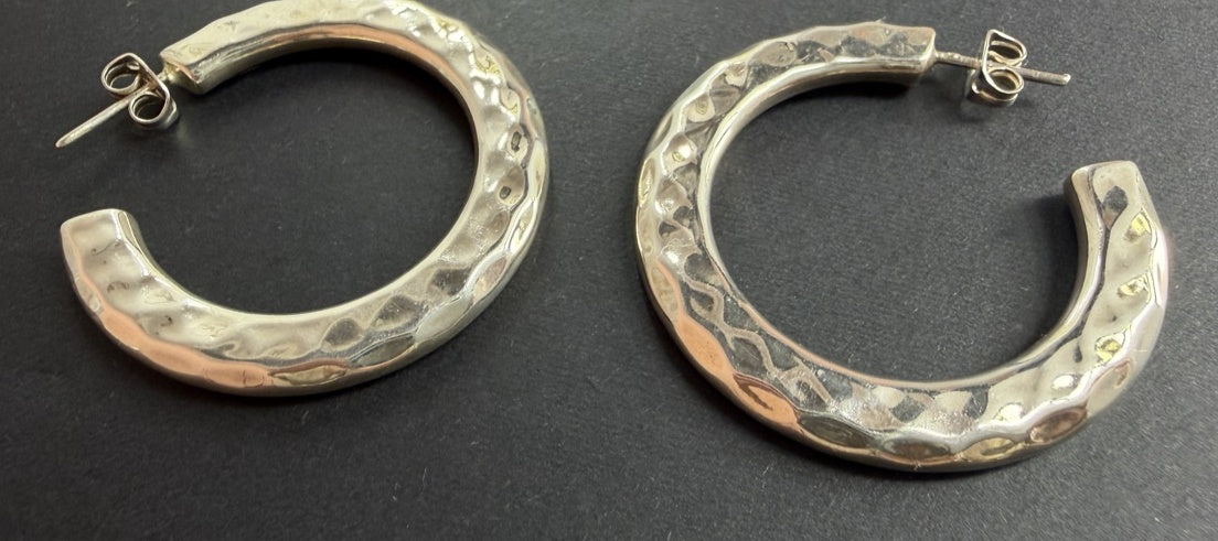 Polished large thick hammered hoop earrings
