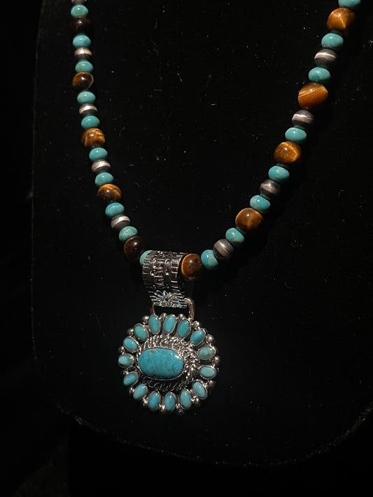 Authentic Turquoise Cluster Pendant| Navajo Pearl Turquoise & Tiger’s Eye Necklace - Regul Silver