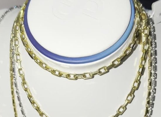 DESMOS elongated link chain necklace in 18k gold-plated sterling silver, photographed in the DESMOS case at Regul Silver