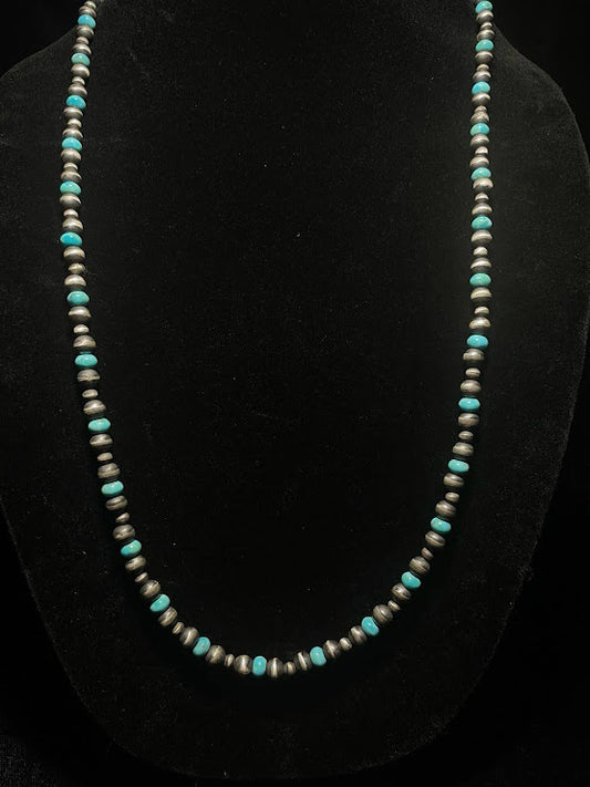 Navajo pearl necklace with turquoise — full 24-inch strand of silver and turquoise beads on a black bust