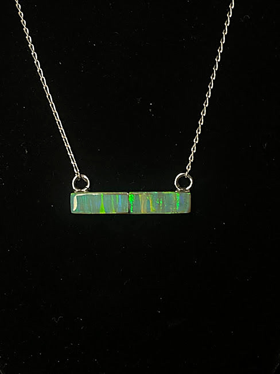 Opalite bar pendant necklace — front view of the handmade opalite bar in its sterling silver rope bezel