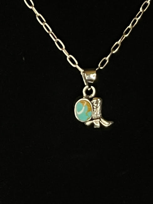 Sterling silver boot pendant necklace — genuine turquoise variant, oval stone beside the boot on a paperclip chain