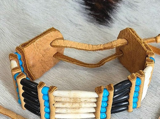 White and black bone hairpipe bracelet by Southwest by Design, close-up