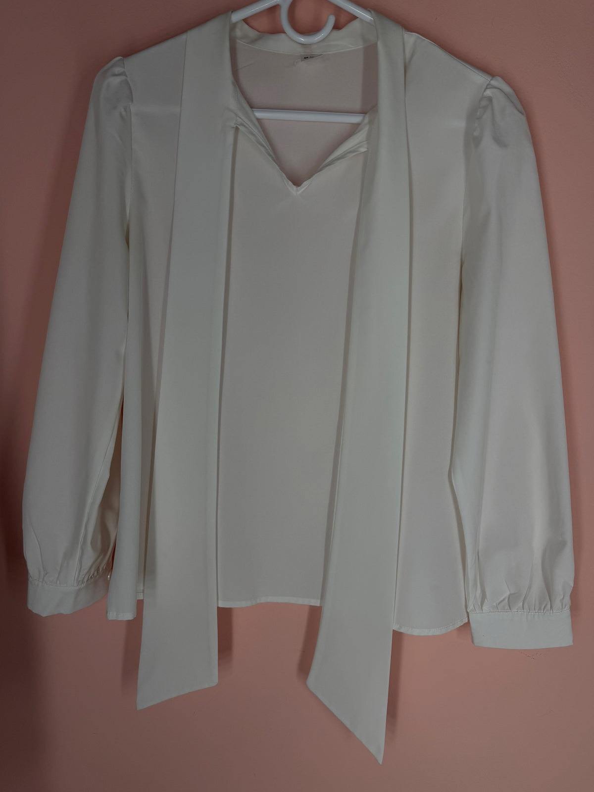 M.M.Z ivory tie-neck blouse with sash ties, full front view