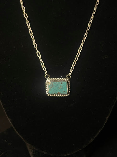 Simple Square Genuine Turquoise Western Style Pendant Necklace - Regul Silver