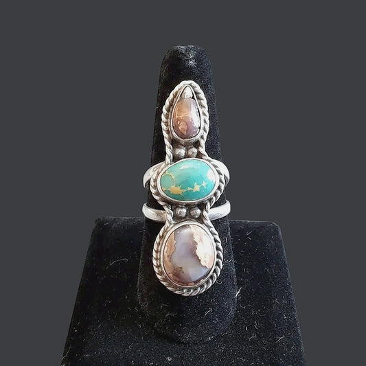 Order Only - Sterling Silver Turquoise & Spiny Oyster Triple Stone Ring - Regul Silver