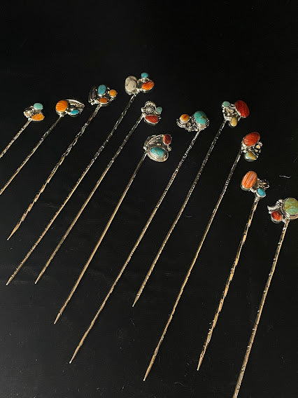 Hand-Made Sterling Silver Artisan Turquoise And Spiny Oyster Hat Pins - Regul Silver