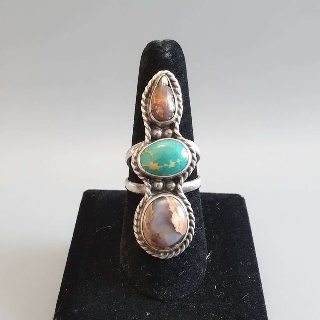 Silver Turquoise & Spiny Oyster Triple - Stone Ring