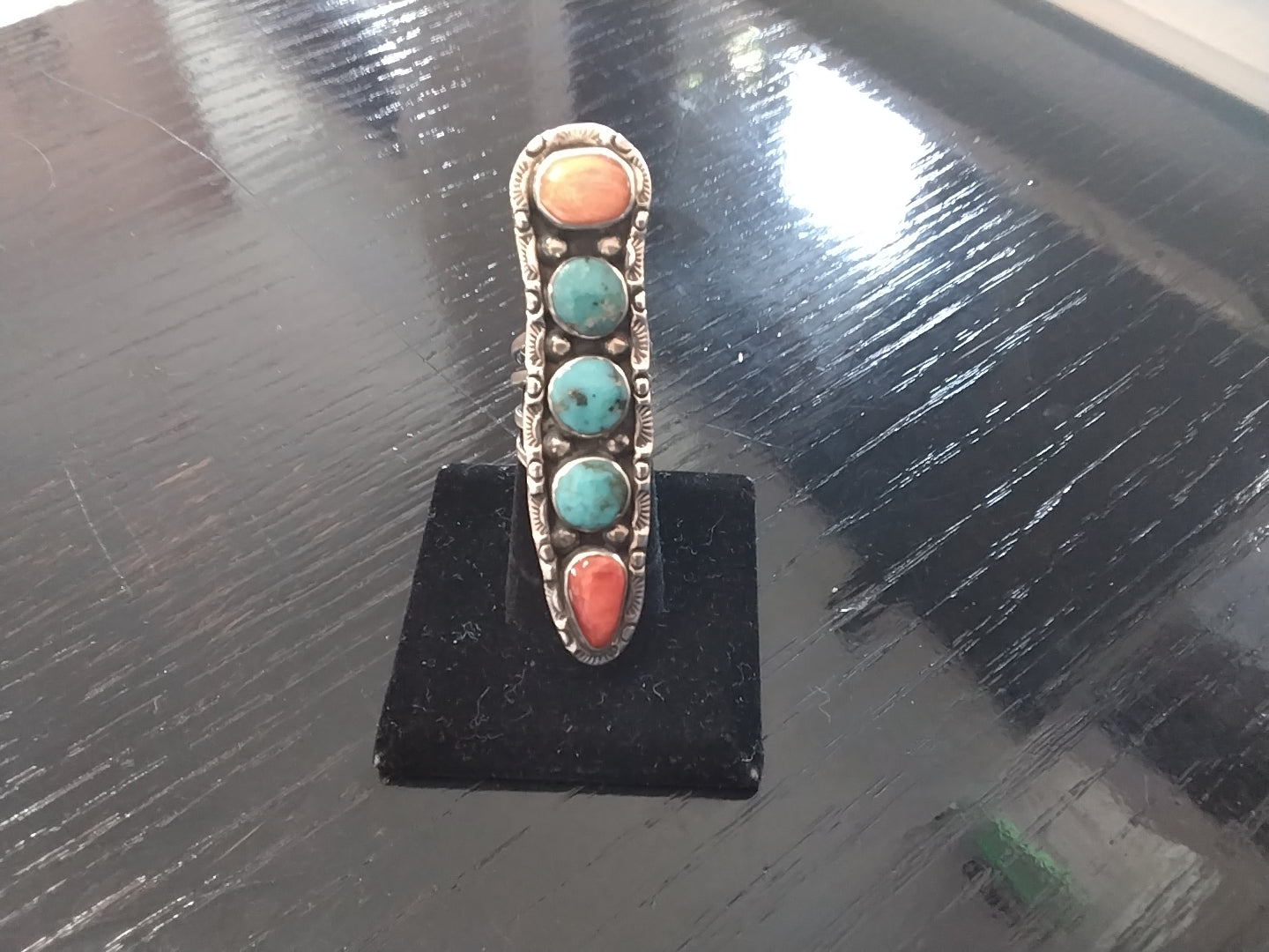Five Stone Coral Turquoise Ring