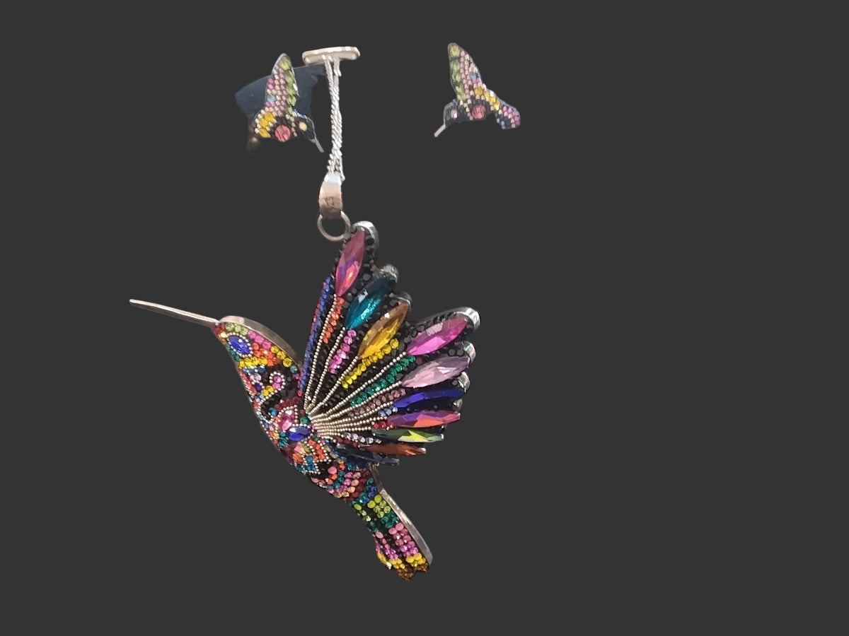 Handcrafted Swarovski Hummingbird Crystal Necklace And Earring Set - Regul Silver