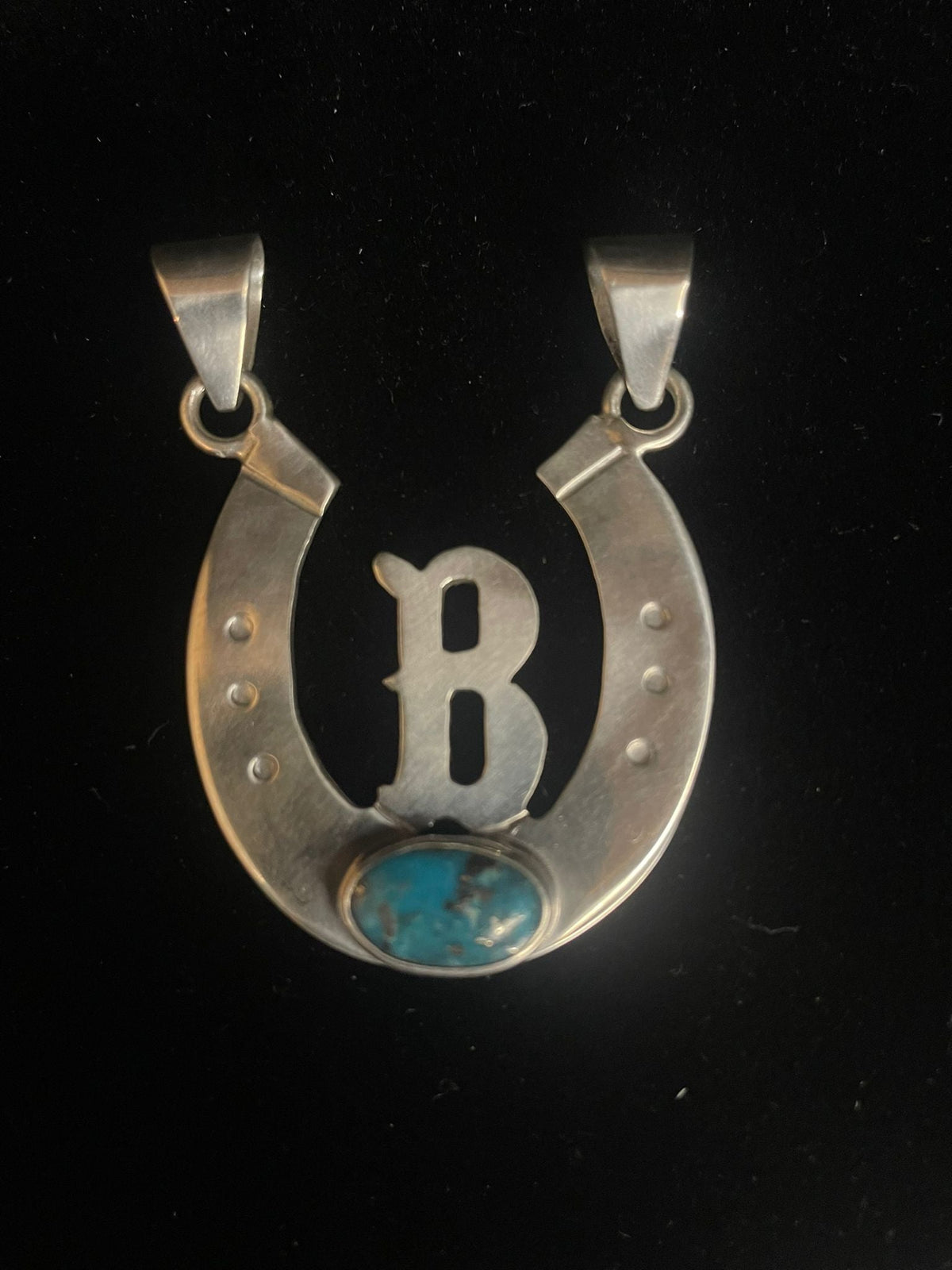 Sterling silver horseshoe initial pendant with genuine turquoise stone