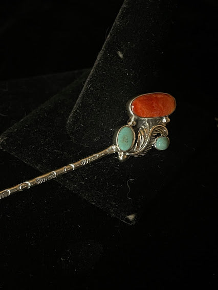 Hand-Made Sterling Silver Artisan Turquoise And Spiny Oyster Hat Pins - Regul Silver