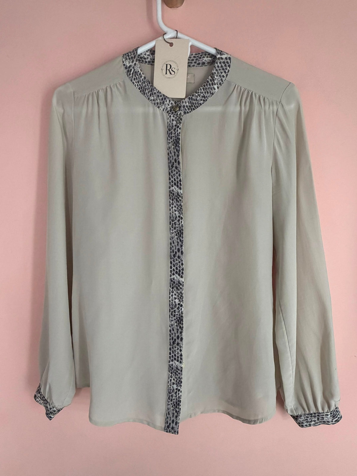 Banana Republic grey silk blouse with snakeskin trim, front view