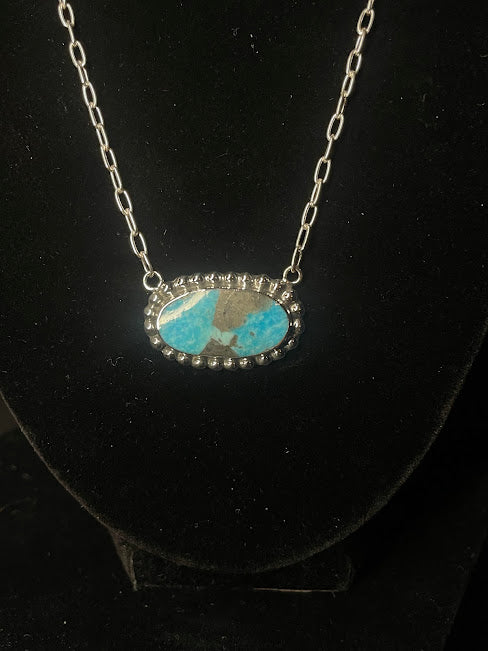 Simple Genuine Oval Turquoise Western Style Necklace - Regul Silver