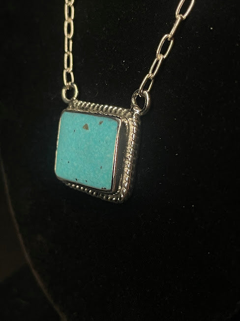 Simple Square Genuine Turquoise Western Style Pendant Necklace - Regul Silver