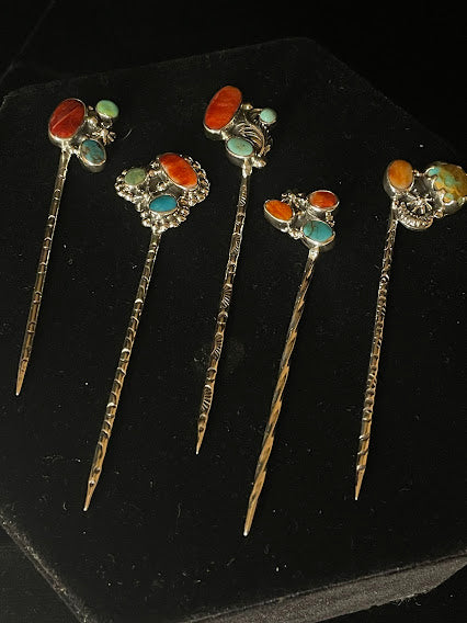 Hand-Made Sterling Silver Artisan Turquoise And Spiny Oyster Hat Pins - Regul Silver