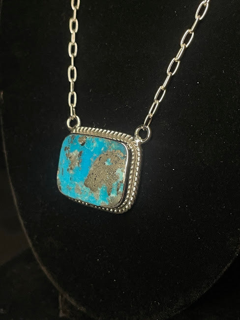Simple Square Genuine Turquoise Western Style Pendant Necklace - Regul Silver