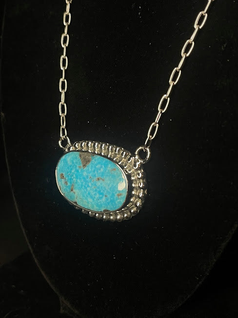 Simple Genuine Oval Turquoise Western Style Necklace - Regul Silver