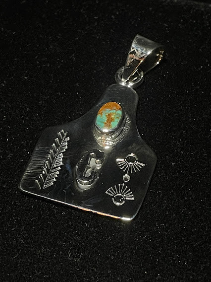 Hand-stamped sterling silver cattle tag initial pendant with Sonoran turquoise