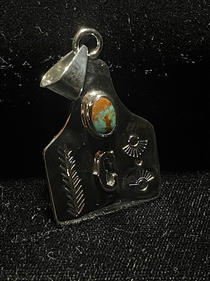 Hand-stamped sterling silver cattle tag initial pendant with Sonoran turquoise