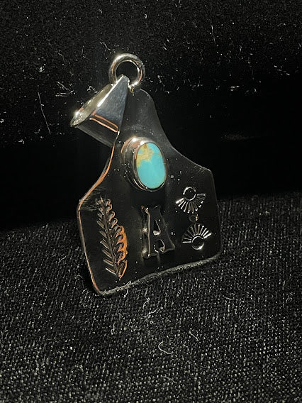 Hand-stamped sterling silver cattle tag initial pendant with Sonoran turquoise