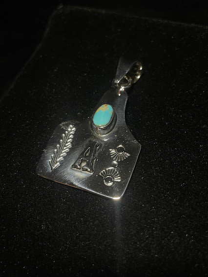 Hand-stamped sterling silver cattle tag initial pendant with Sonoran turquoise