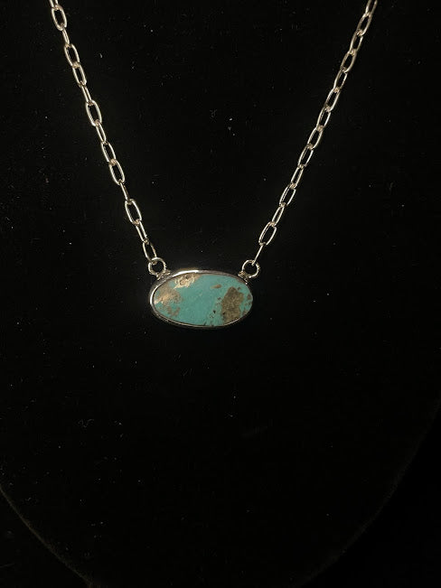 Simple Genuine Oval Turquoise Western Style Necklace - Regul Silver