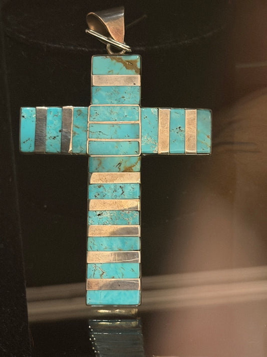 Wholesale Order Only - Striped Turquoise Inlay Cross Pendant | Sterling Silver - Regul Silver