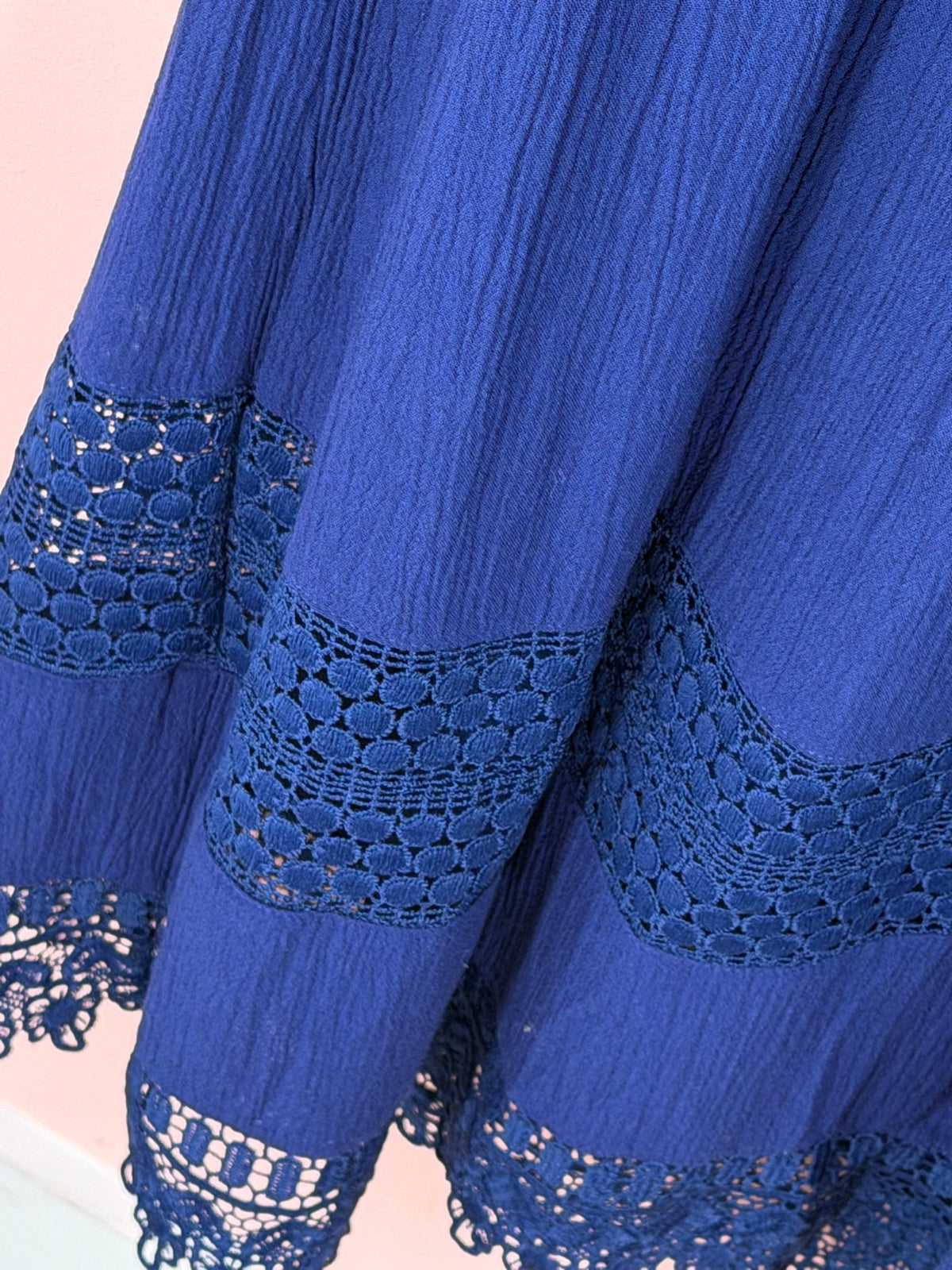 Crochet lace hem detail on the Signature Studio maxi dress