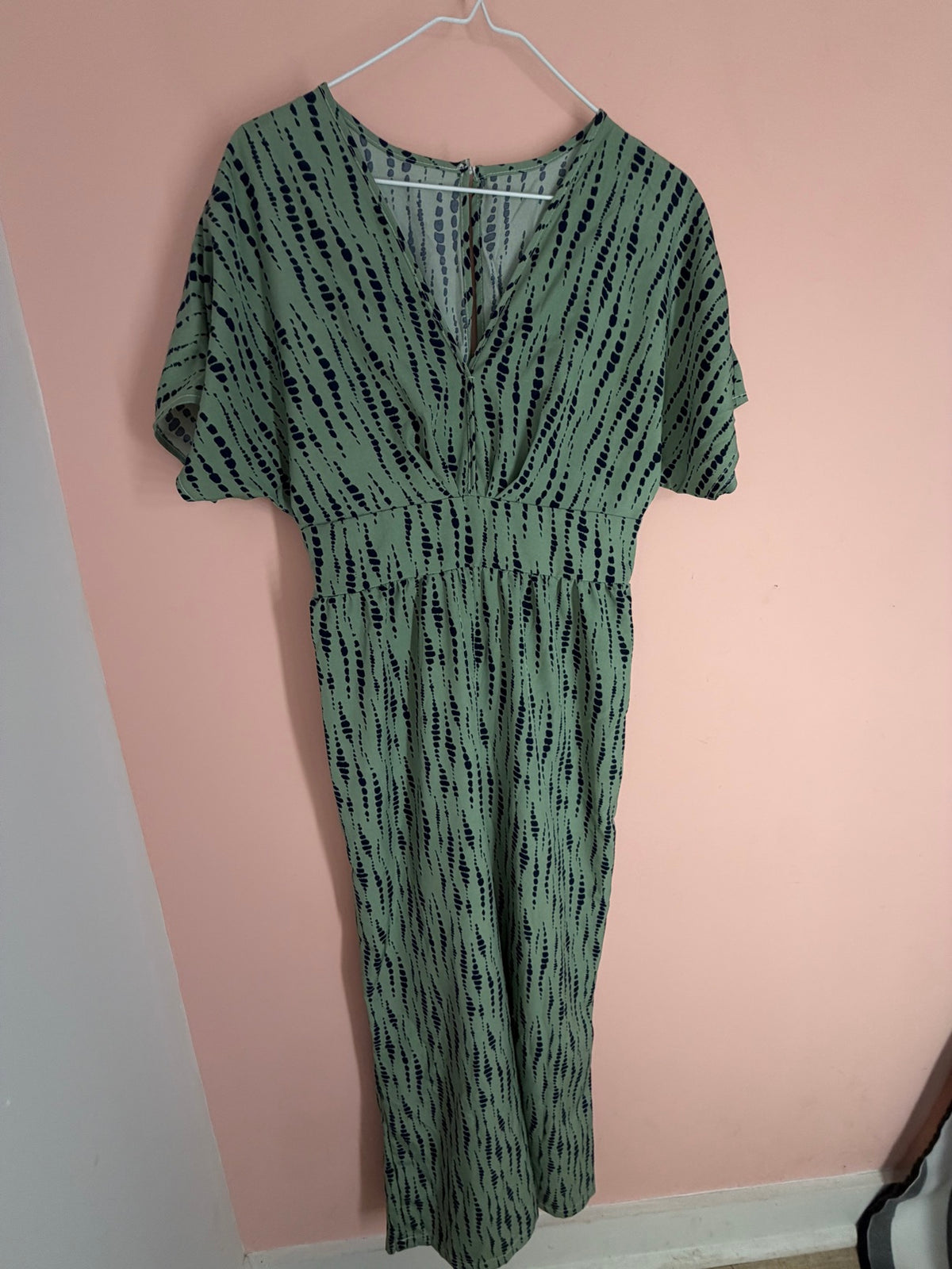Sage Green Dotted Print V-Neck Midi Dress, Size M - full front on hanger