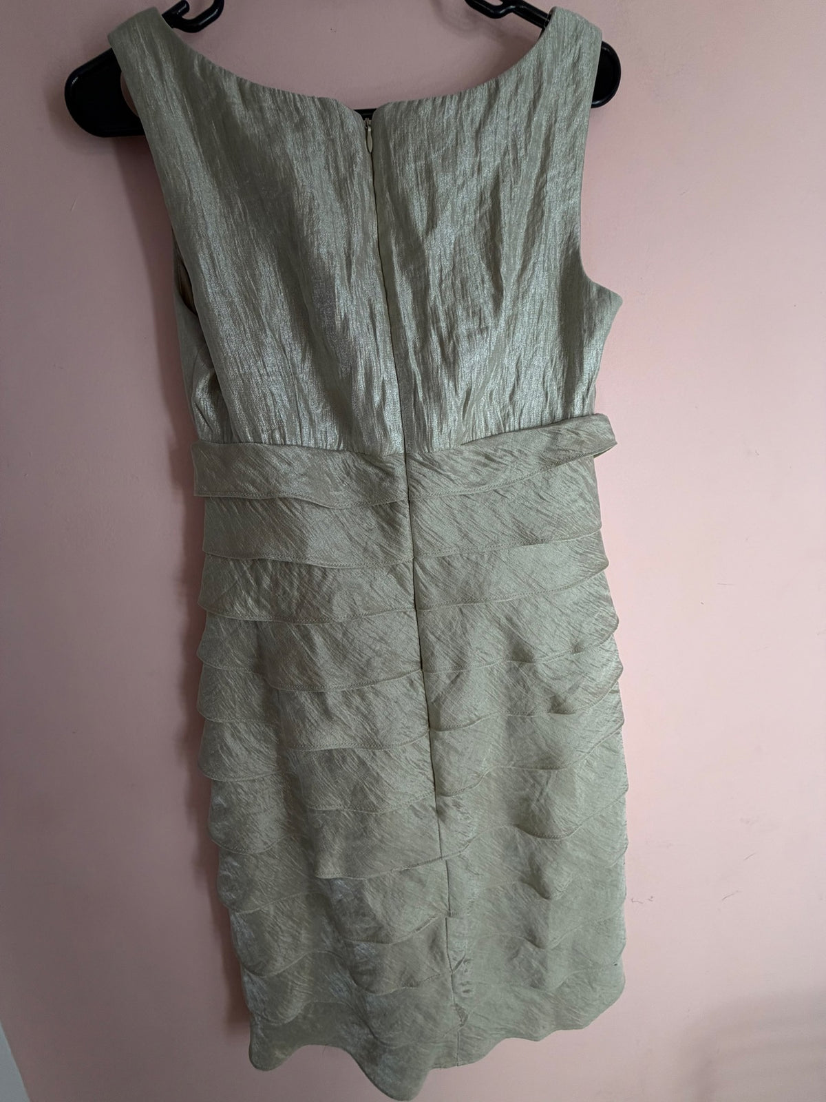 London Times sage green shimmer tiered mini dress, size M, LTD9C - back view with zip