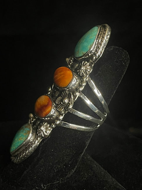 Four Stone Turquoise And Spiny Oyster Ring | Real Stones Jewelry - Regul Silver