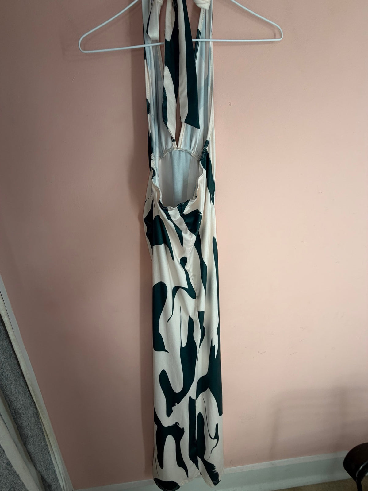 Cream abstract brushstroke halter maxi dress, full back view with halter tie and open back